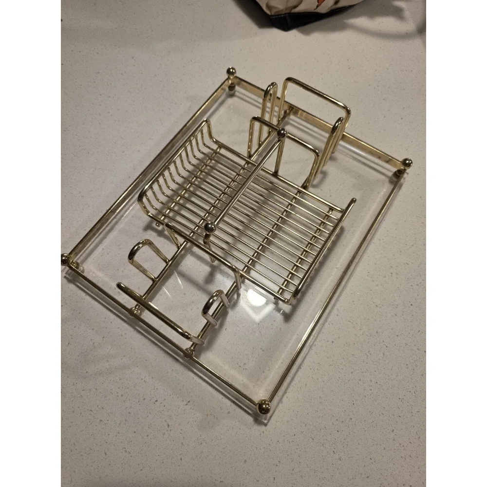 Vintage‎ MCM Gold Tone Metal & Lucite MAKE-UP Silverware Buffett Caddy Tray